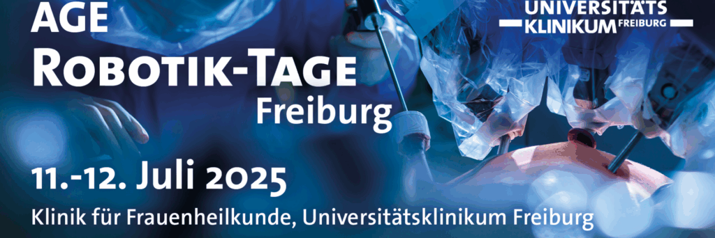 Banner der AGE Robtik-Tage. Es zeigt ein Ärzteteam bei einer endoskopischen Operation  bei bläulich-kalten OP-Licht mit Fokus auf den OP-Bereich.